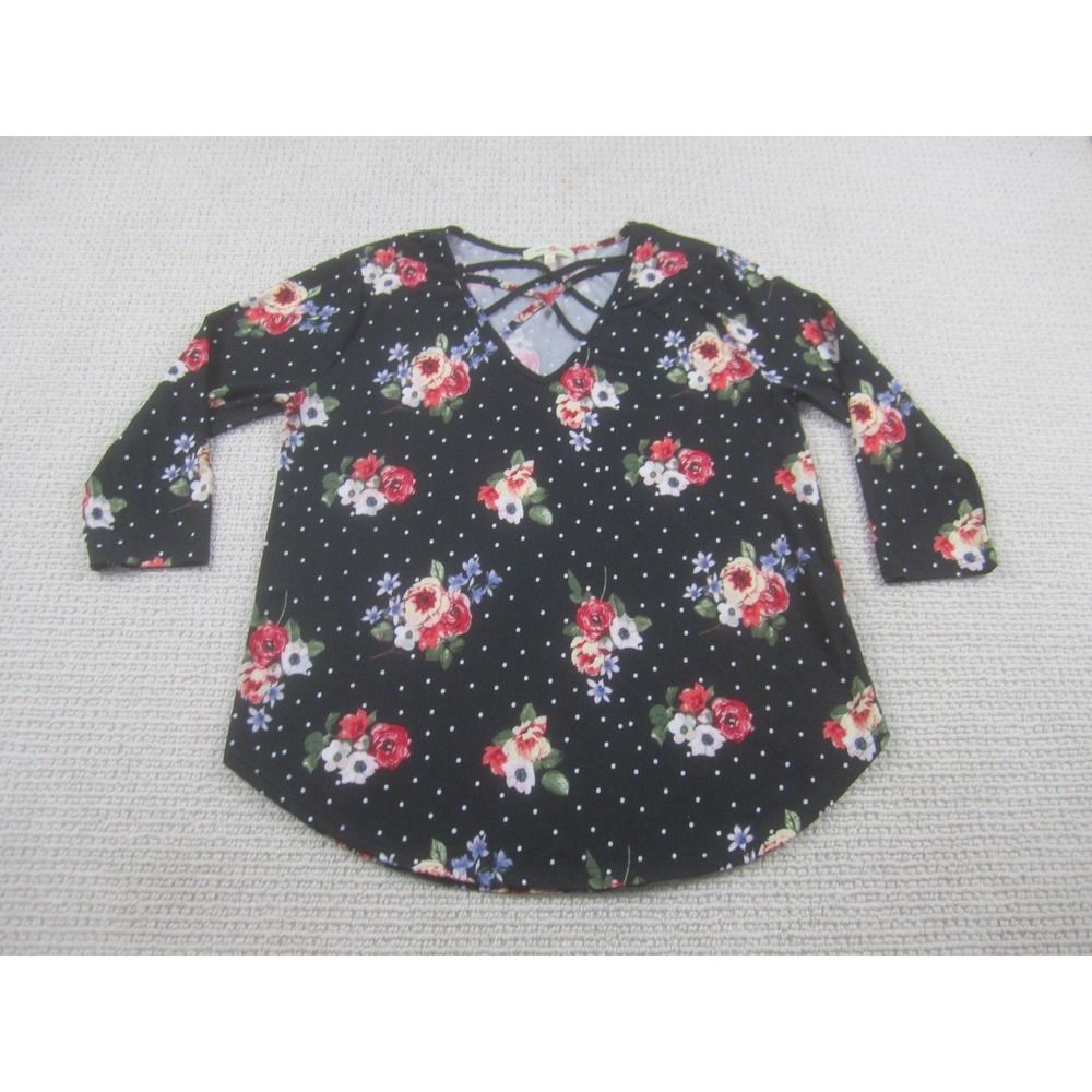 Wishful Park Shirt Womens Large Black Floral Polka‎ Dot V Neck 3/4 Sleeve